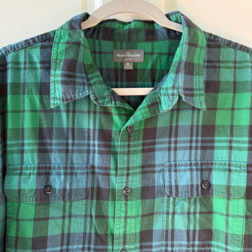 LL Bean Signature Slim Fit Button Down Shirt Mens XL Green Plaid Cotton 300564 - Picture 3 of 5